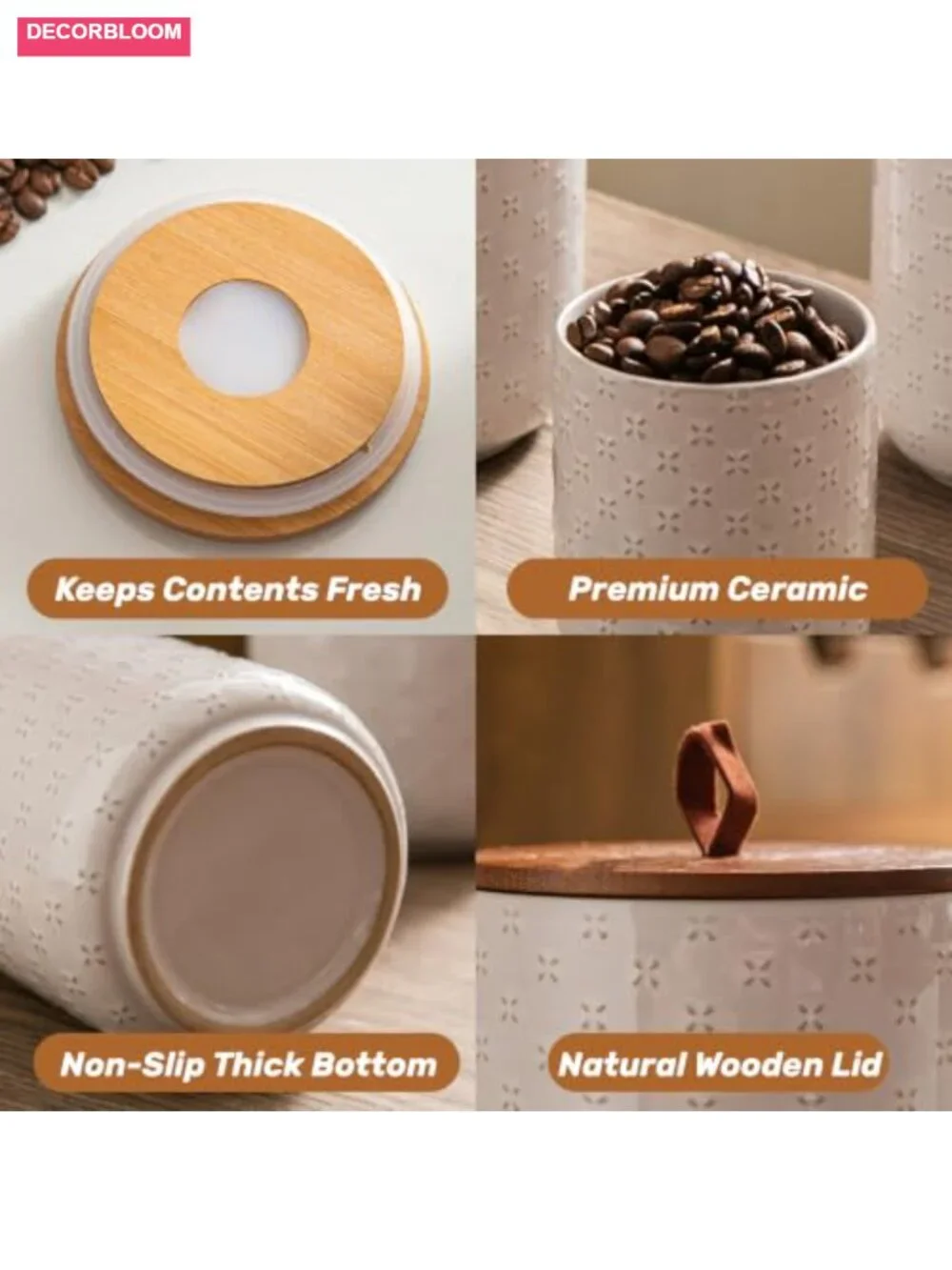 Embossed Ceramic Canister Set with Airtight Bamboo Lids